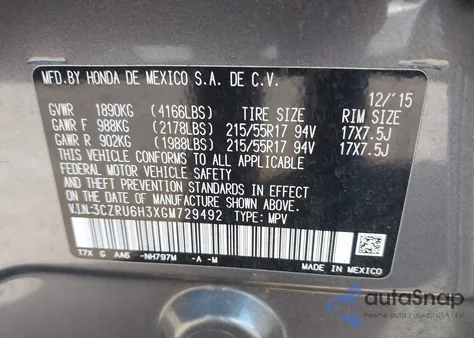 2016 Honda Hr-V Lx from USA, damaged, VIN 3CZRU6H3XGM729492